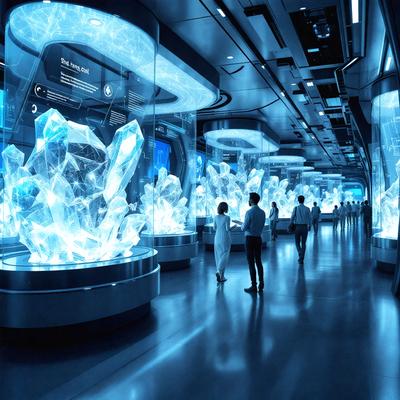 The primary subject of the image is a group of people walking through a museum-like setting. They are surrounded by various blue and white crystals, which are displayed in glass cases. The setting appears to be a futuristic museum, with the people exploring the exhibits. The visual style of the image is a combination of photo and digital art, creating a unique and immersive atmosphere. The dominant colors in the image are blue and white, which are prevalent in the crystals and the overall ambiance of the